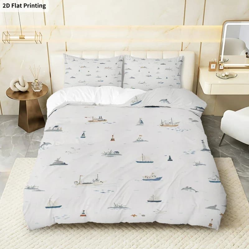 2D Flat Printing 3PCS Duvet Cover, 1 Duvet Cover + 2 Pillowcases (Without Filler), Sailboat Lighthouse Ocean Minimalist Theme