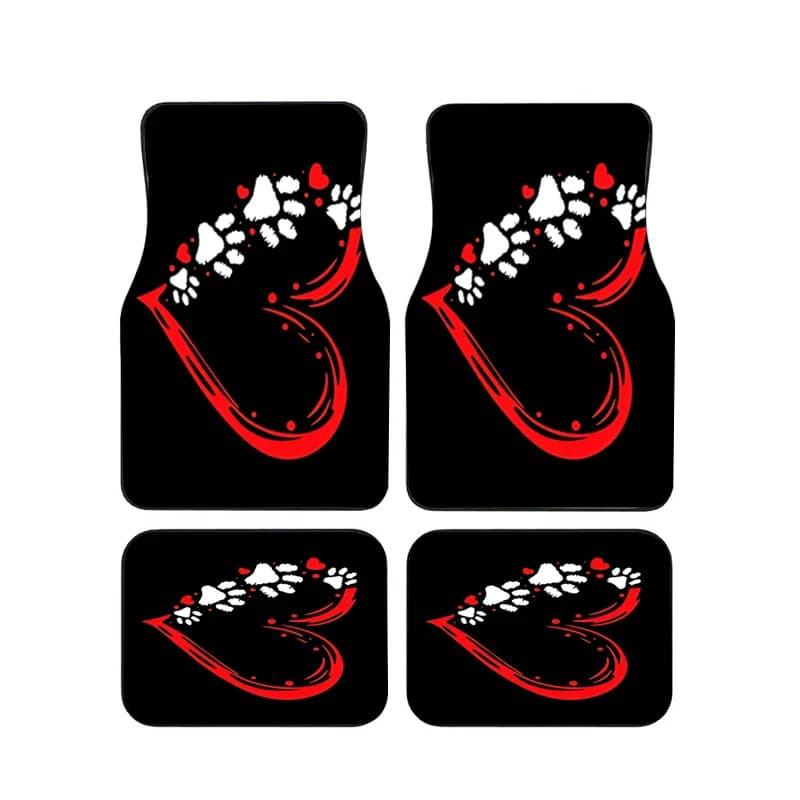 Universal Car Floor Mats Set of 4 Black Background Red Heart with White Paw Prints Pattern Pet Lover Design Non-Slip Auto Carpet
