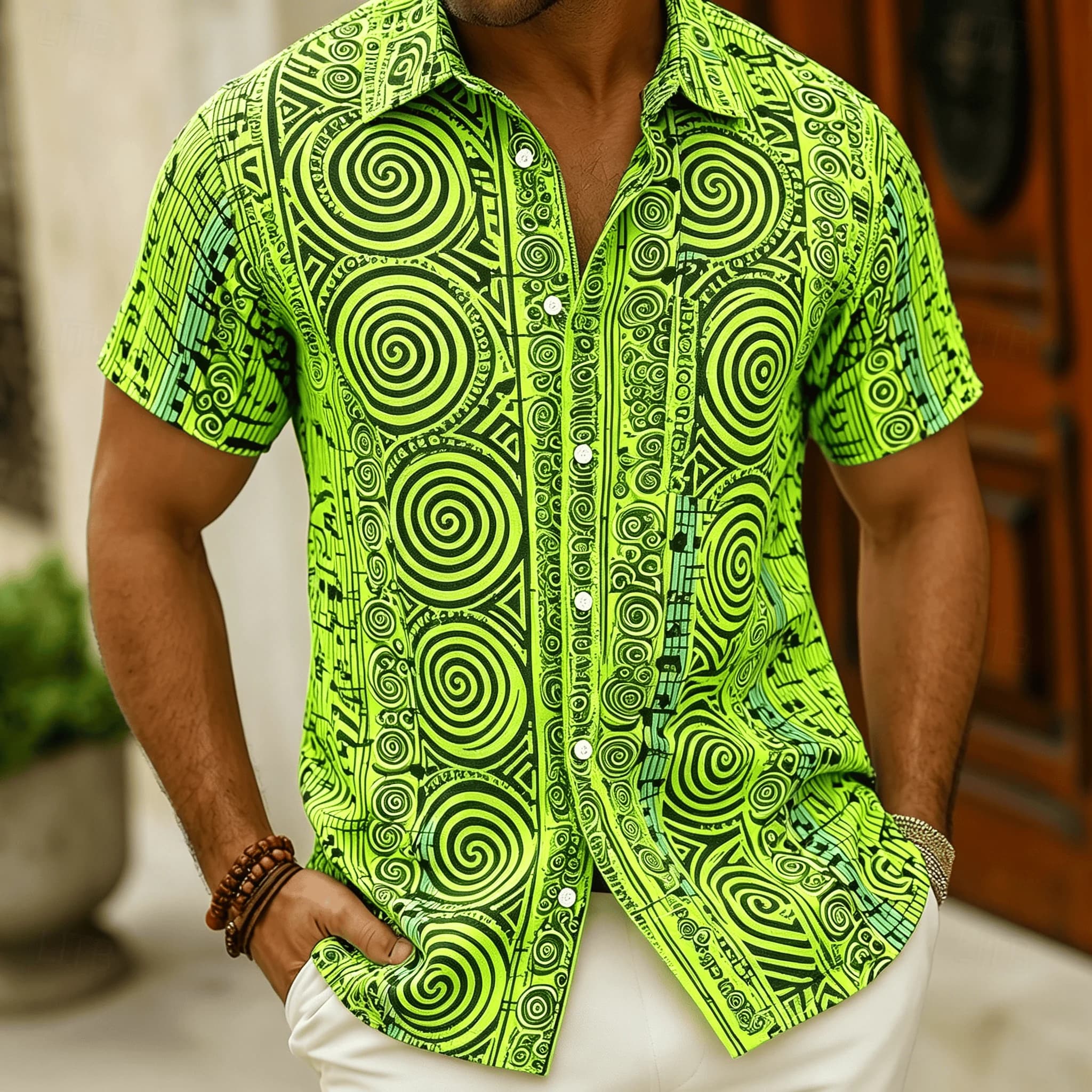 Camicia a Maniche Corte con Stampa Tribale Polinesiana per Uomo, Stile Etnico Verde Brillante per l'Estate