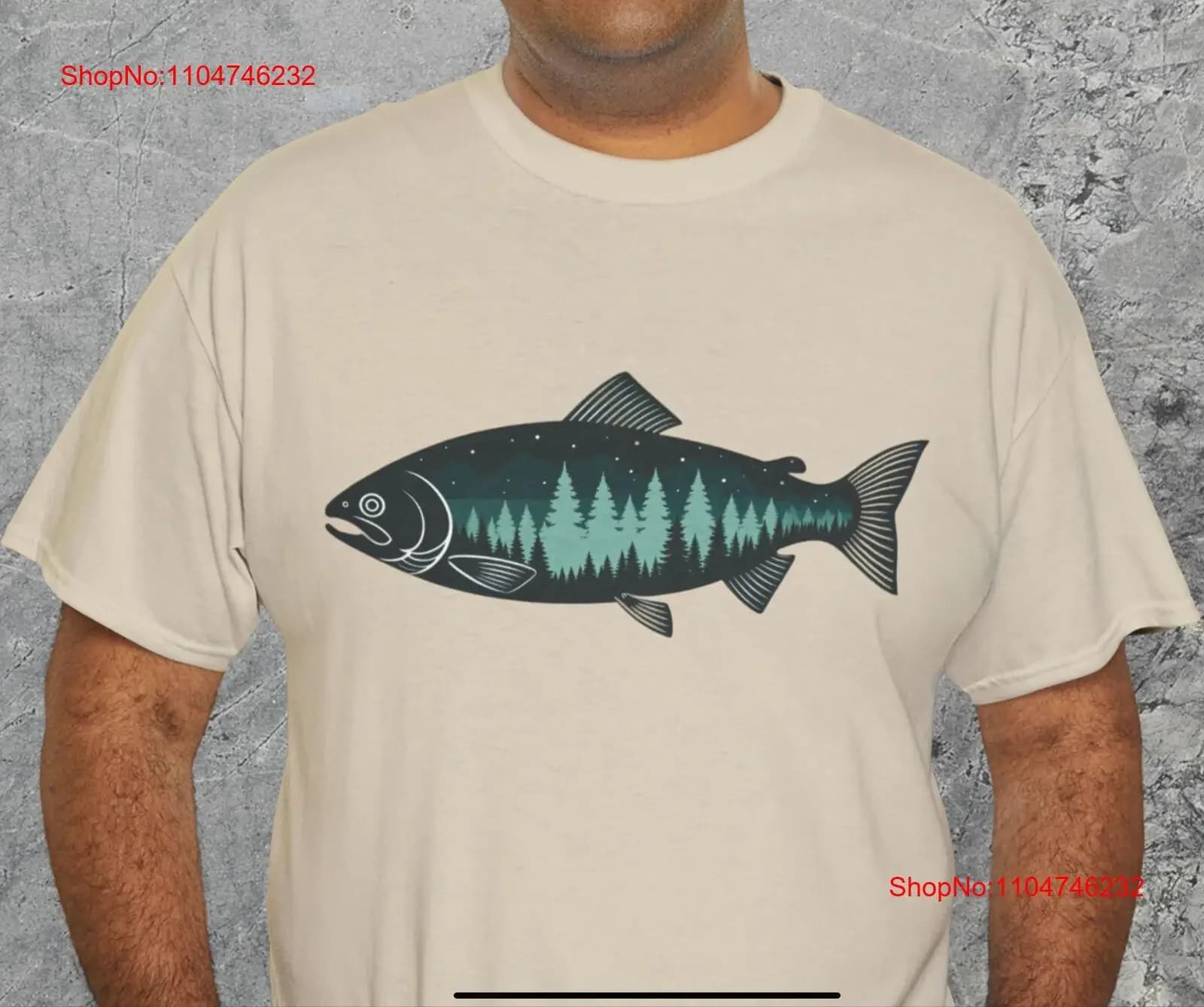 Maglietta da uomo con pesce salmone foresta, tema naturale, per gli appassionati all'aperto, grafica vintage lavata, allungata, leggermente unisex