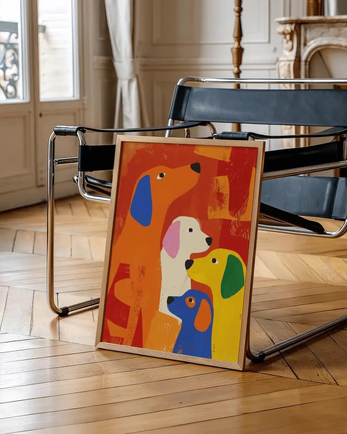 Decorazione da parete con stampa artistica con un vivace e colorato quartetto di cani – Pittura canina astratta giocosa, un pezzo di arte allegro per la cameretta dei bambini