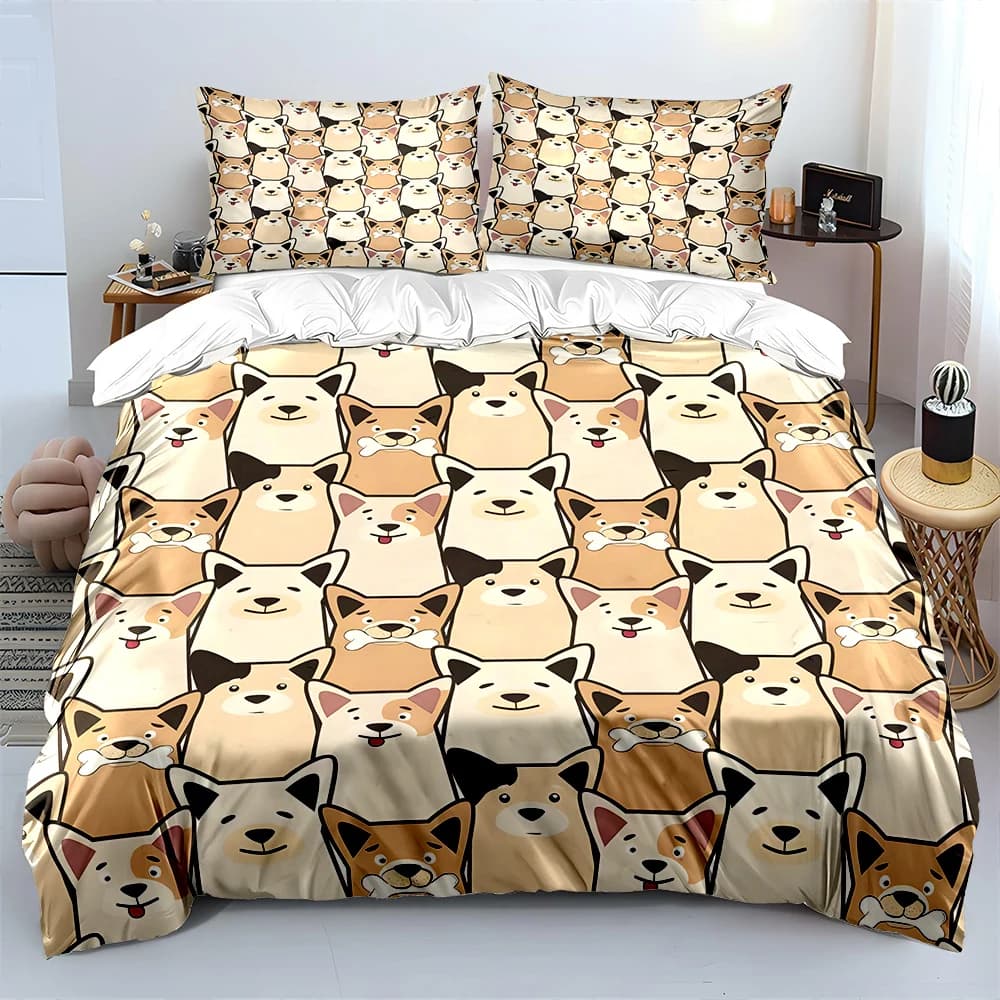 Set di biancheria da letto con stampa di cani dei cartoni animati con motivo ripetuto, 1 copripiumino, 2 federe per adulti e bambini, regalo di lusso, misura completa