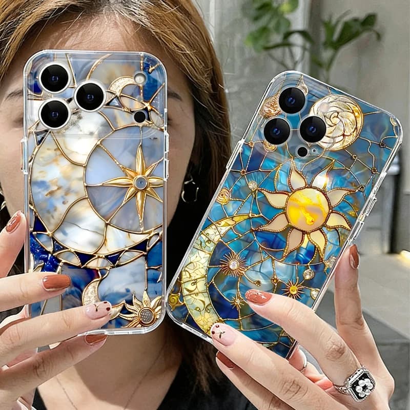 Custodia per iPhone in Stile Vintage Europeo per iPhone 17 Pro Max, Coque iPhone 16 15 14 13 Pro Max 11, Cover Morbida in Silicone Trasparente con Luna e Stelle
