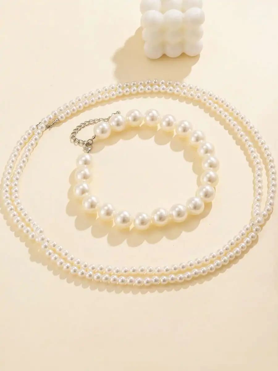 2pcs Pearl Beaded Necklace And Bracelet Set For Women Elegant Formal Party Jewelry