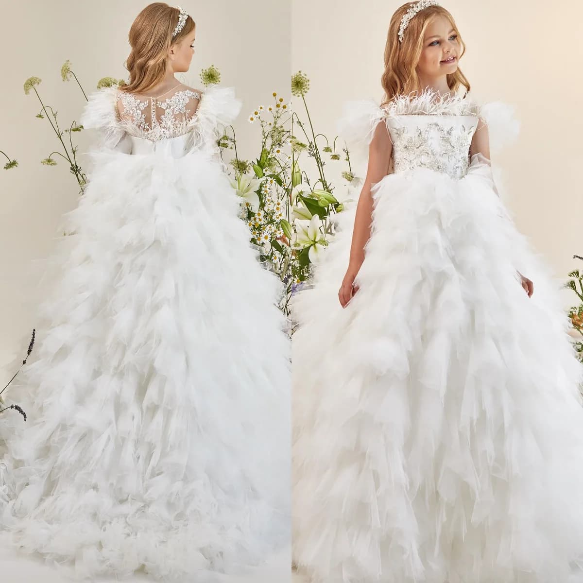 Abiti da ragazza di fiore in piume bianche per matrimoni Abiti da compleanno per ragazze da principessa Abiti da prima comunione