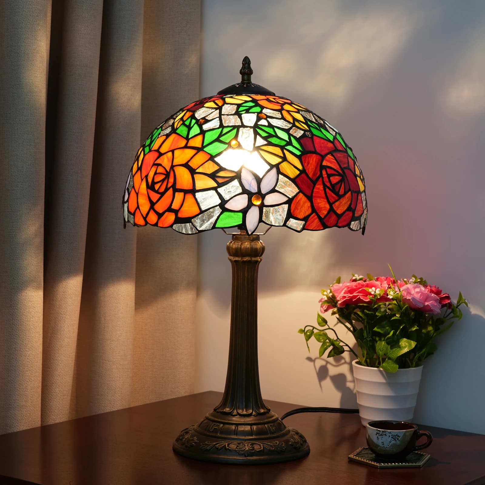 Tiffany Style Stained Glass Lamp Red Rose Table Lamp Bedroom Bedside Reading Desk Light for Living Office Retro 12" Village Lamp