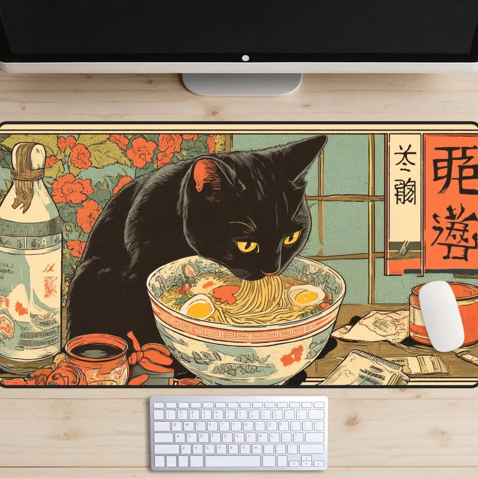 Japan Anime Black Cat Desk Topper Gatti Love Ramen Deskmat Ramen Shop Desk Pad Anni '90 Tokyo Pop Art Mousepad Tappetino per laptop, Vintage
