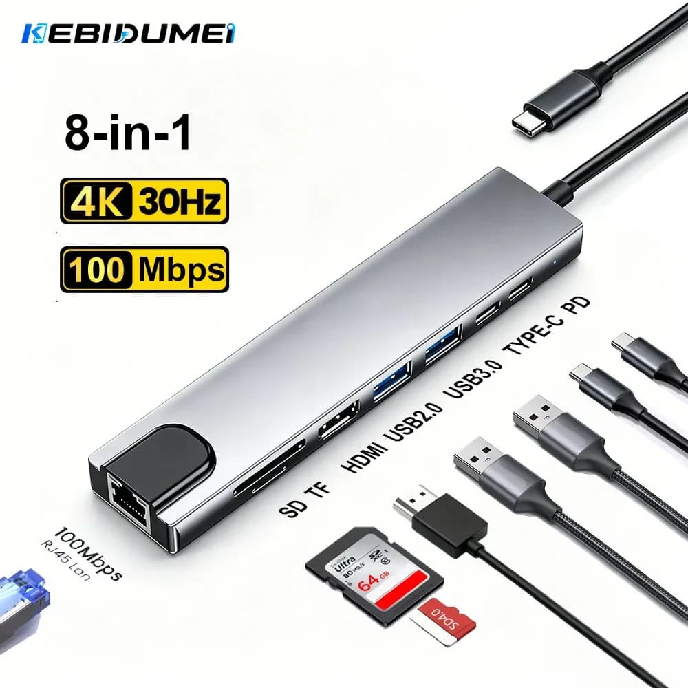 KEBIDUMEI USB HUB 8 in 1 Type C to 4K30Hz HDMI SD&TF 5Gbps USB3.0 RJ45 PD100W USB Splitter Docking Station for Laptop Macbook