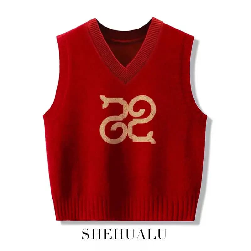 Gilet Maglione Rosso con Scollo a V da Donna, Stile Anno del Serpente 2026, Abbigliamento per il Capodanno Cinese, Vestiti Portafortuna per la Vita Continua e la Fortuna