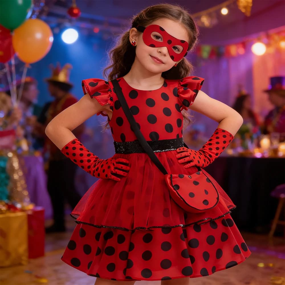 Fashionable Pois Red Dress for Girls, Cosplay Costume with Bag, Gloves and Earrings for Carnival, Birthday Party and Ceremonies