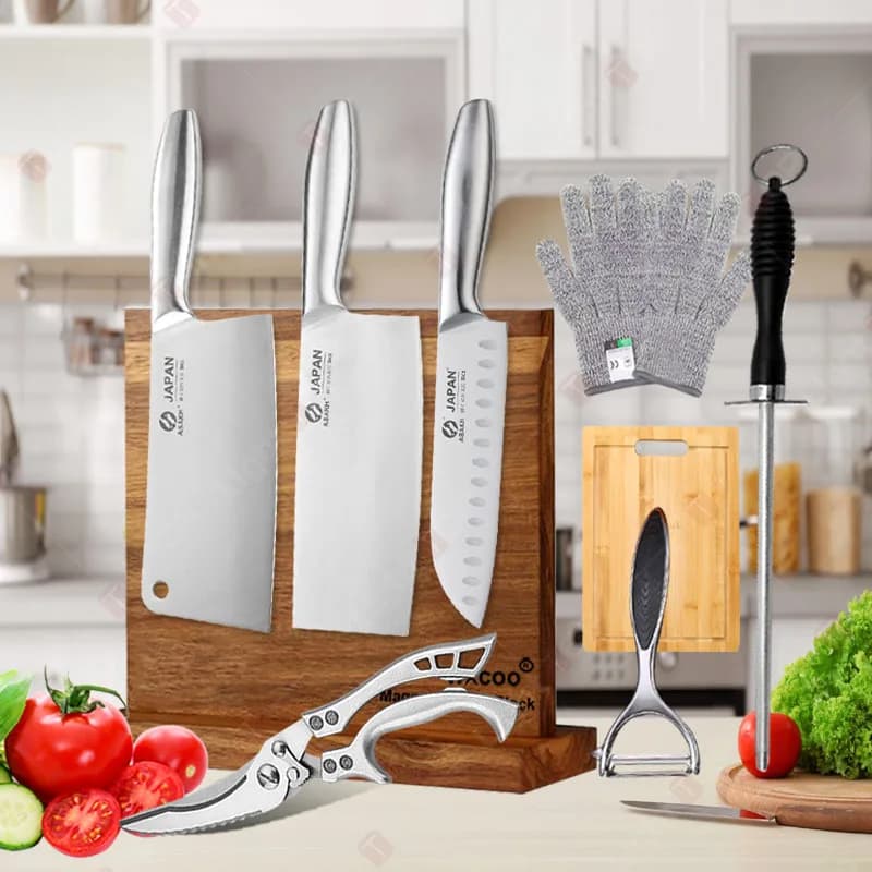 Professional Stainless Steel Kitchen Knives Chef's Knife Cooking Tool Meat bone cutting knife Solid wood magnetic knife block