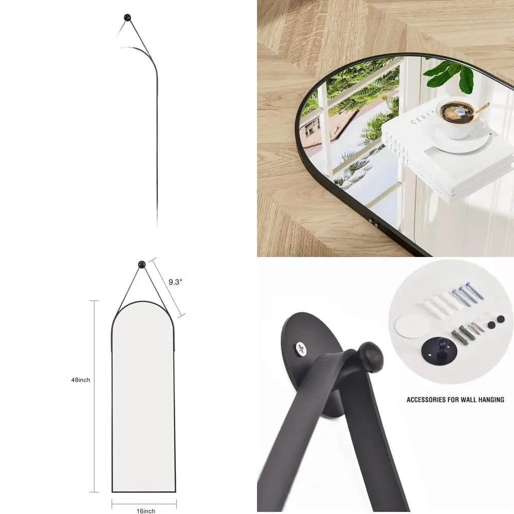 Specchio da appendere con cinghia in pelle ad arco, 48x16 pollici, montabile a parete per bagno, soggiorno, camera da letto e ingresso, nero