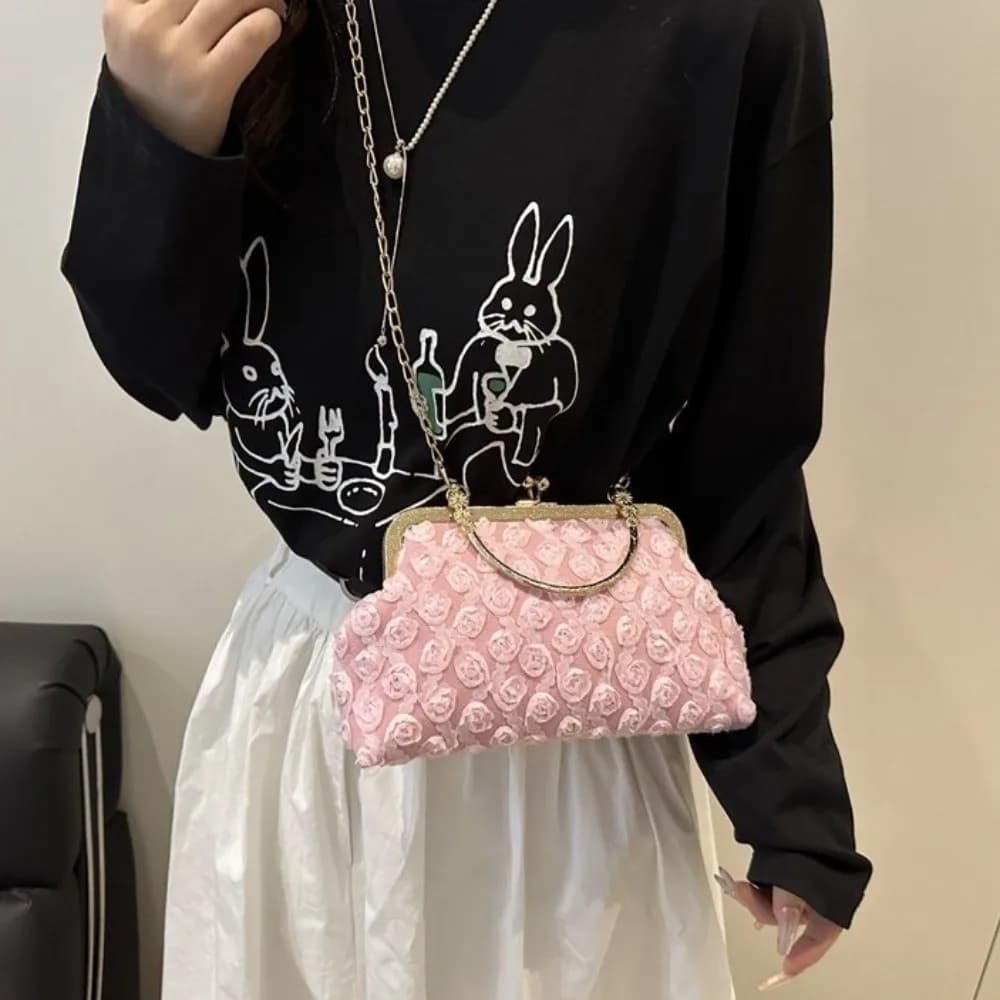 Chain Party Banquet Bag Flower Handheld Kiss Lock Shoulder Bag Large Capacity Korean Style Crossbody Bag Photography Props