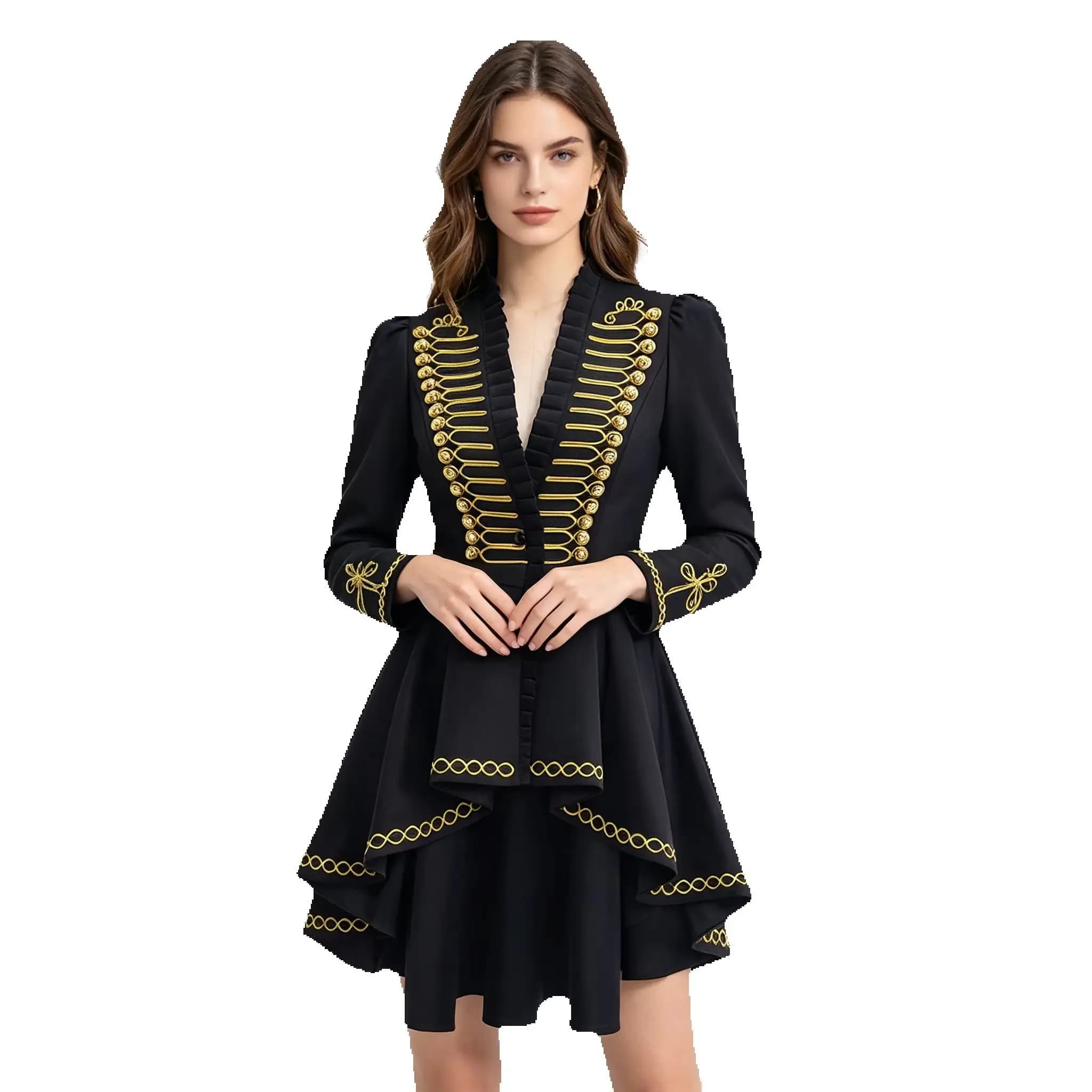 Costume da Donna Gotico Steampunk Militare, Giacca Nera con Finiture Dorate e Orlo Asimmetrico, Uniforme da Ufficiale Vittoriana Napoleonica