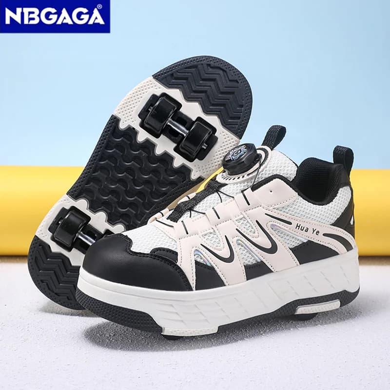 Children 2‑in‑1 Roller Skate Shoes Rotary Buckle Breathable Mesh Sneakers Boys Girls Outdoor Sport Walking Skating Shoes