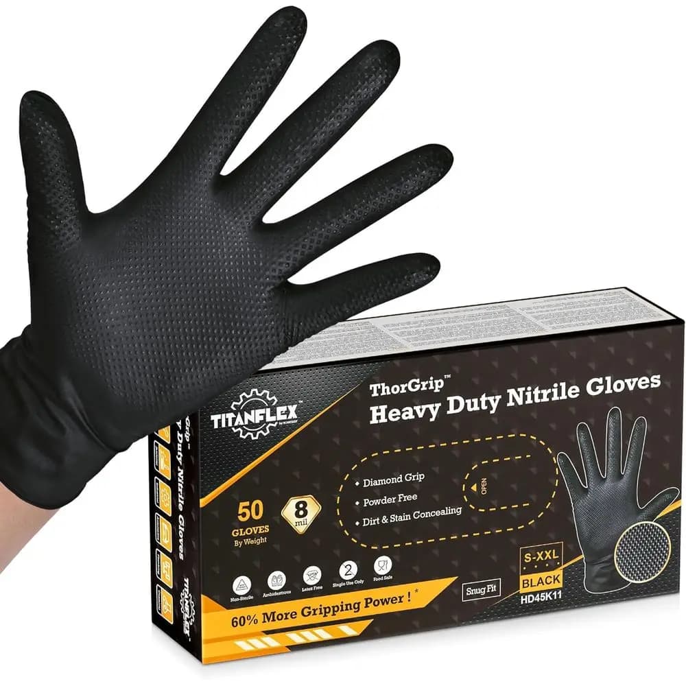 Heavy-Duty Black Nitrile Gloves with Raised Diamond Texture, Latex-Free, 6-8mil Thickness
