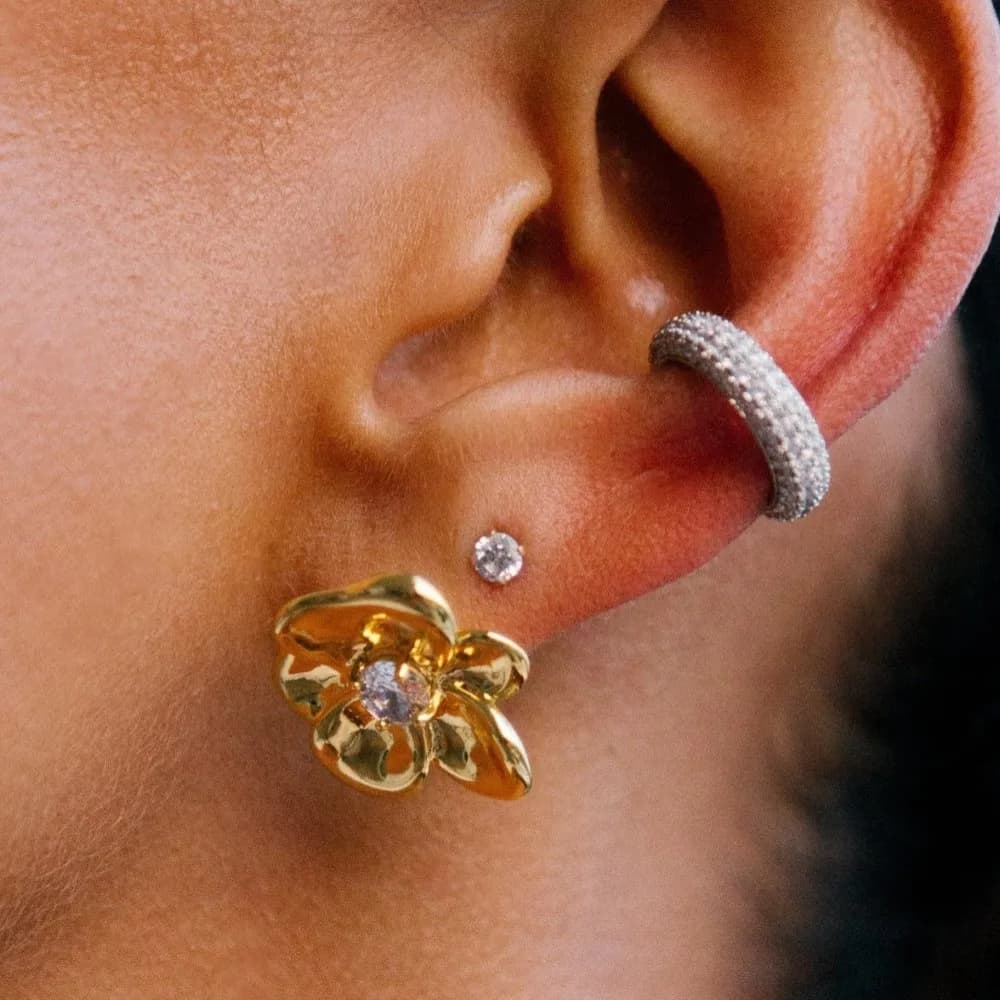 Fashion Stainless Steel CZ Zircon Flower Stud Earrings for Women Elegant Gold Plated Chunky Waterproof Earring Statement Jewelry