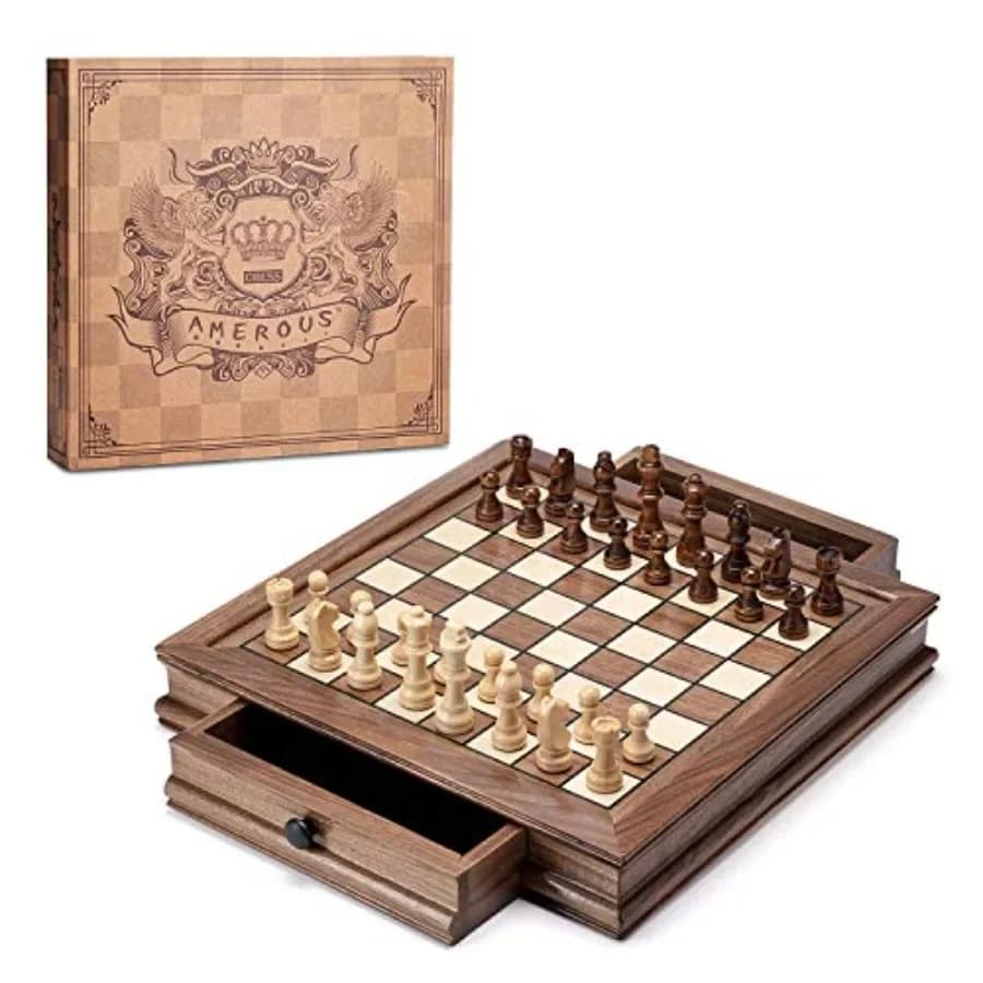 Set di scacchi magnetico in legno per principianti, bambini e adulti: tavola in noce 12,8 x 12,8, colore legno naturale, cassetti portaoggetti integrati