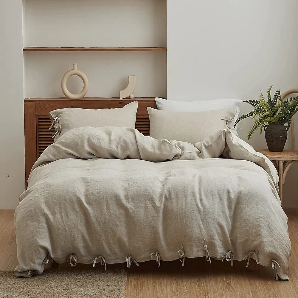 Simple&Opulence Bedding Set 3Pcs 100% Linen with Bowknot Ties French Washed Breathable Queen King Size Duvet Cover Bed Sheet Set