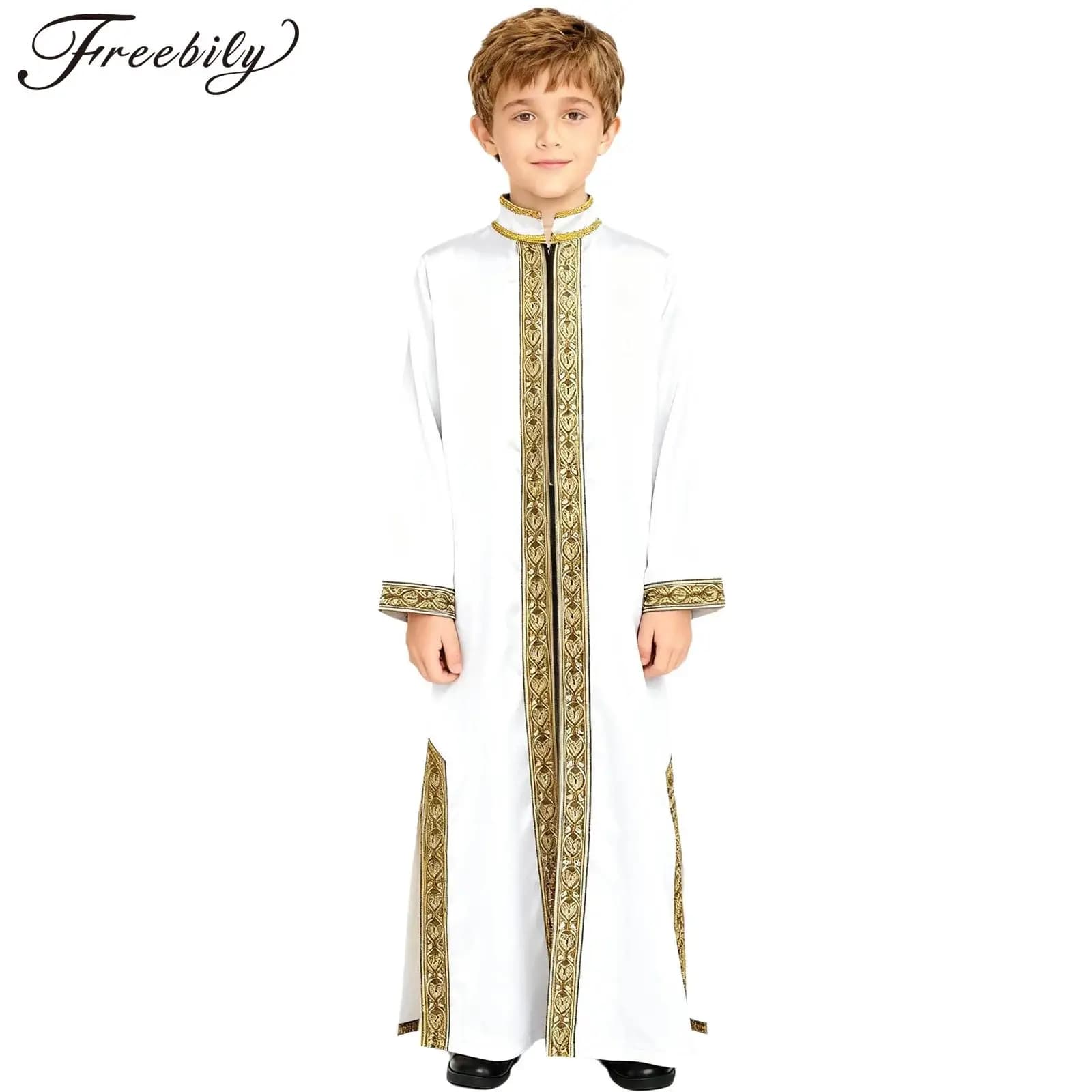 Ragazzi ricamo oro maxi musulmano Thobe caftani abito arabo abito islamico cosplay maniche lunghe cappotti festival vacanza costume