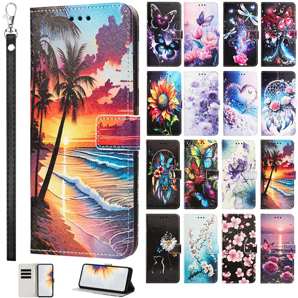 Magnetic Phone Case for Tecno Camon 50 40 20 30 Pro Premier Pova 5 6 7 Pro Neo Case Fashion Flower Leather Flip Back Cover Strap