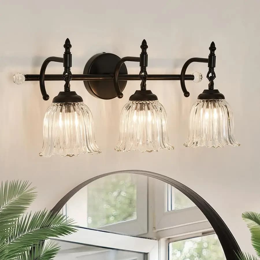Lampada da Bagno a 3 Luci Sopra Specchio, Applique Moderna Nera con Paralume in Vetro, Lampada Vintage da Parete per Camera da Letto