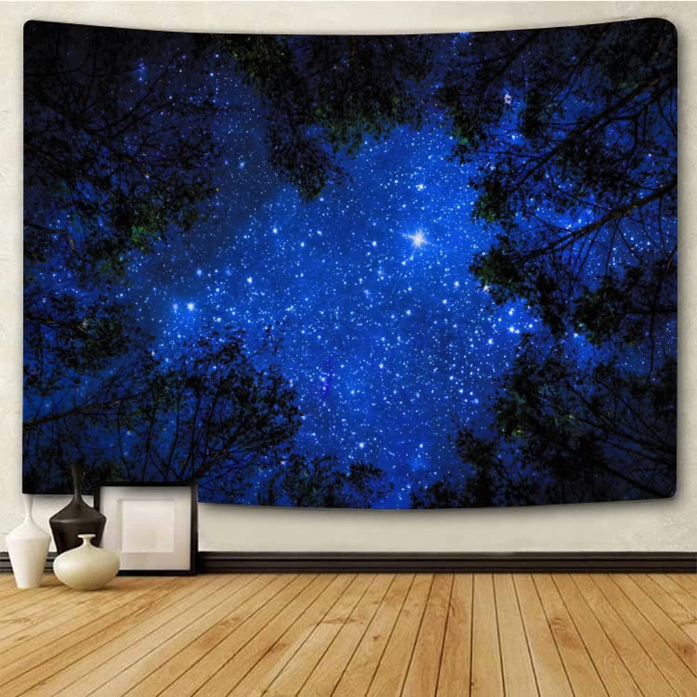 Large Starry Night Galaxy Tapestry Wall Hanging Cosmic Space Forest Trees Blue Sky Decor Astronomy Art for Home Room