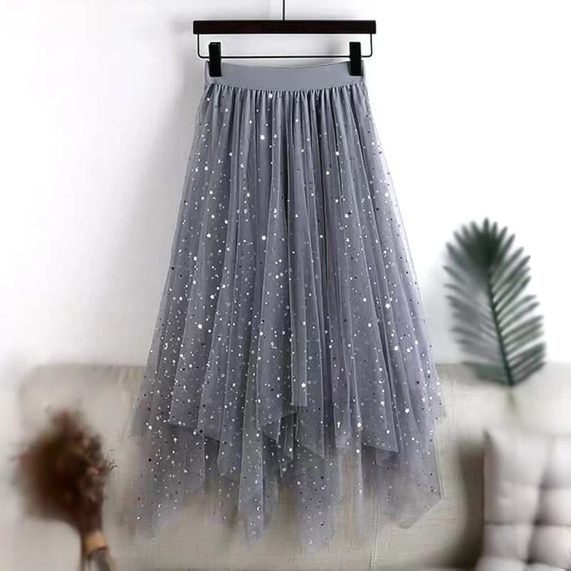Fashion Sequin Tulle Long Skirts Women 2026 Summer Irregular Hem A Line Mesh Skirt Woman Elegant Midi Length High Waist Skirts