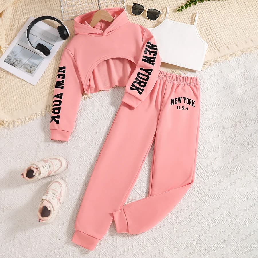 Abbigliamento per bambini Set da ragazza moda primavera e autunno lettera stampata felpa con cappuccio rosa + gilet bianco + pantaloni rosa 3 pezzi