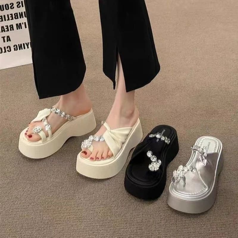 Fashion Thick-sole Women's Slippers Open Toe Rhinestone Platform Sandals Summer New Flip Flops Height-increasing Ladies Shoes