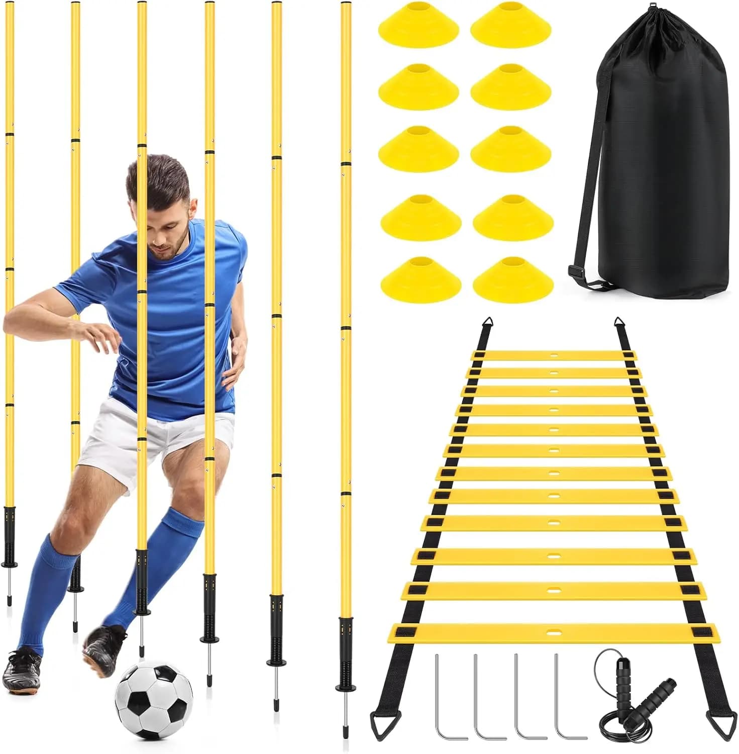 Football Agility Training Set: 6 Poles, 6 Meters Scale, 10 Cones, Jump Racing for Speed Exercises and Agility