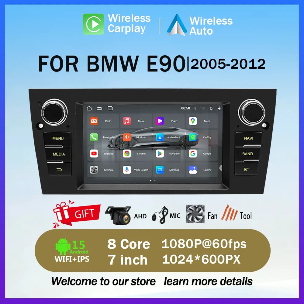 Sistema audio per auto BMW E90 con Carplay wireless, lettore multimediale per auto con sistema Android, navigazione GPS e funzione Wi-Fi
