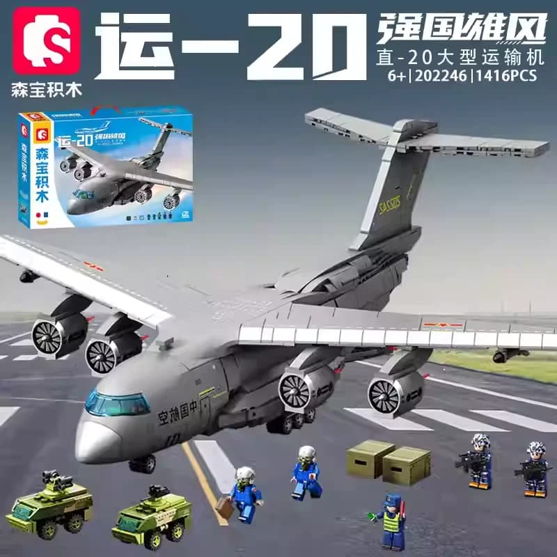 Sembo Block Y-20 Grandi Blocchi da Costruzione, Aereo da Trasporto Militare, Giocattolo Educativo Illuminato, Ornamento da Scrivania per Ragazzi, Regalo per le Feste
