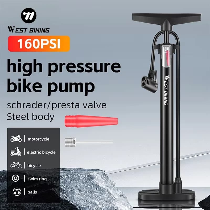 WEST BIKING Mountain Bike Pompa per bici da strada MAX 160PSI Ciclismo Pompa da pavimento per bicicletta portatile Pompa di gonfiaggio per pneumatici giocattolo da basket