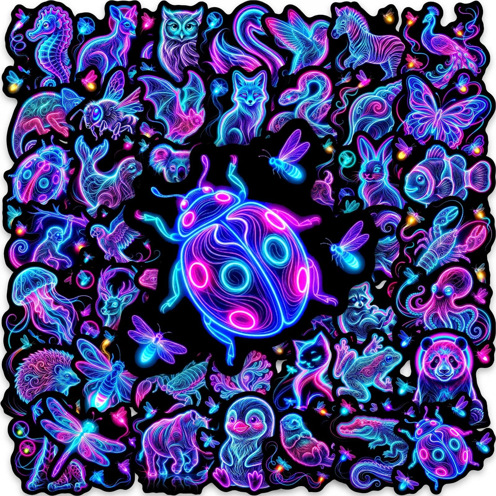 50 Pezzi Adesivi Luminosi Sfumati a Tema Animali Neon Divertenti per Decorare Caschi da Skate, Valigie, Biciclette, Paraurti Auto, Contenitori, Tazze - Senza Duplicati