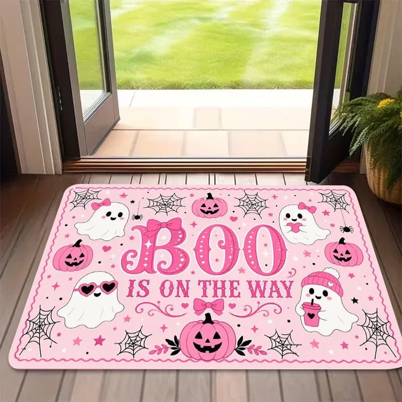 Boo Is on the Way Rectangle Door Mat Pink Ghost Pumpkin Non-Slip Welcome Rug Halloween Carpet for Home Entrance Porch Decor