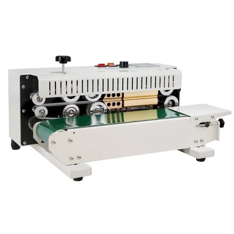 Horizontal Bag Sealing Equipment 32x15x12 Inch For Food Production Hardware Packaging Chemical Processing, Carbon Steel Construction Adjustable Conveyor Speed Integrated Cooling Fan 110V Motor Continuous Operation Manual Control Interface