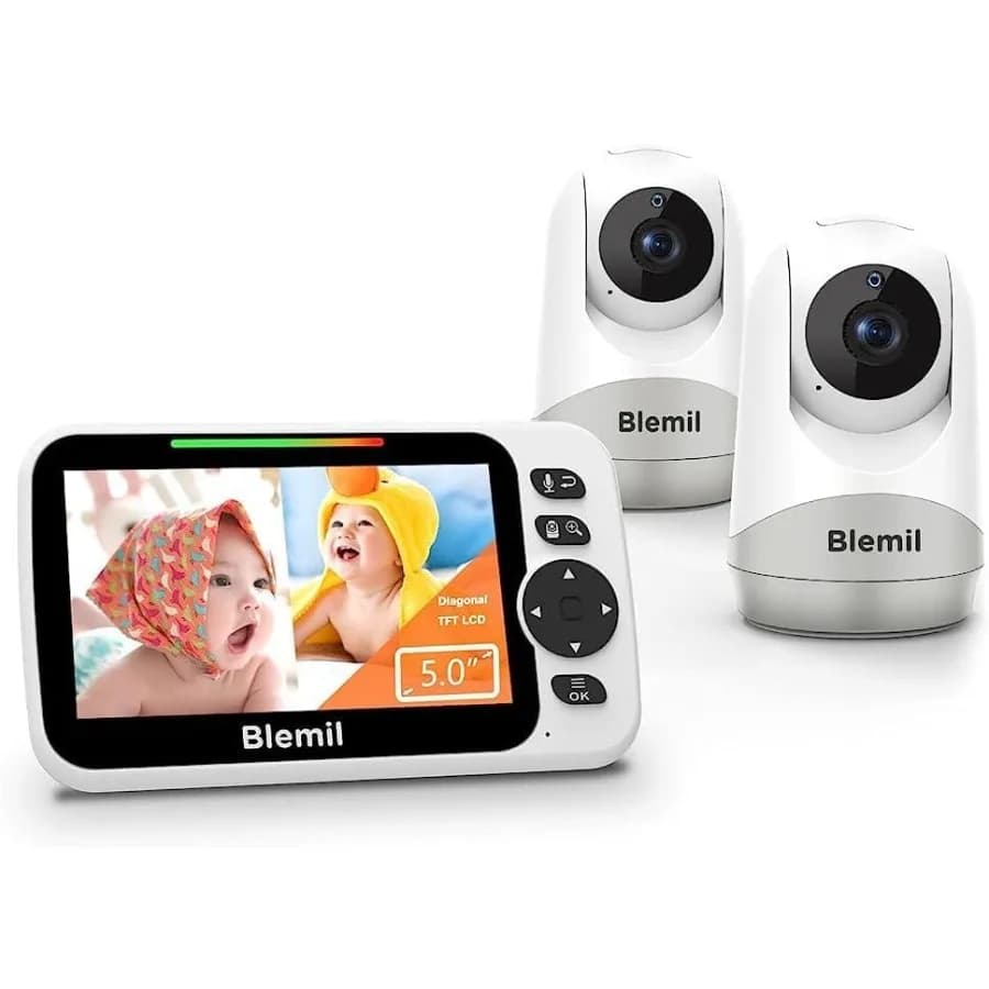 Baby Monitor con 2 Telecamere e Display Diviso in 5, Batteria da 30 Ore, Rotazione/Inclinazione/Zoom Remoto, Audio Bidirezionale, Visione Notturna, Batteria da 3500mAh