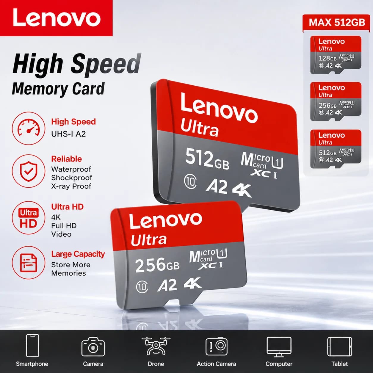 Lenovo Memory Card Micro TF SD Card Class 10 High Speed 4K Video TF Flash SD Cards 128GB 64GB TF Card for Phones Camera Drone