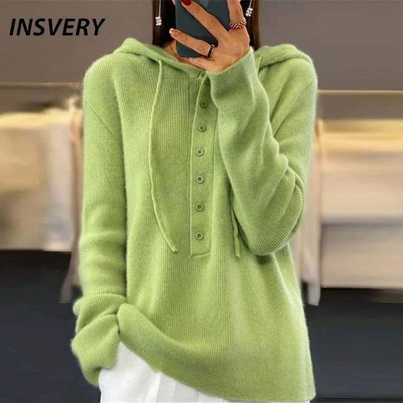 Autunno Inverno Donna Maglione con cappuccio Bottone moda Manica lunga Lana Morbida maglione Pullover Maglioni lavorati a maglia per donna Felpa