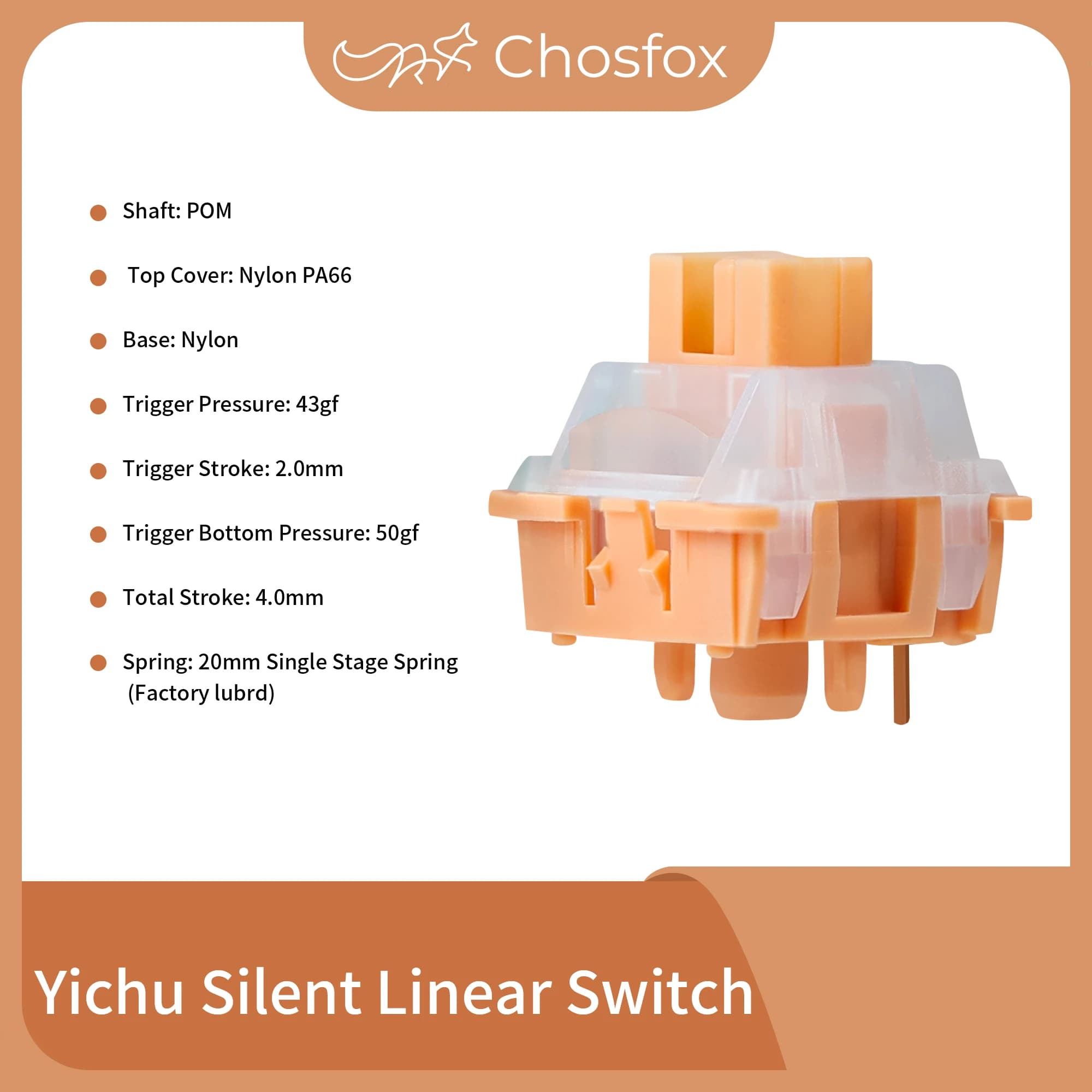 Chosfox Yichu Interruttore lineare silenzioso Tastiera meccanica RGB Hostel di gioco Interruttore 5 pin Lubrificato in fabbrica Hot Swap Interruttore MX personalizzato POM