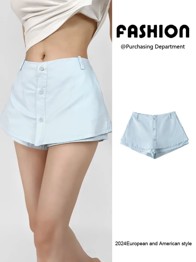 Low Waist A-Line Pure Color Slimming Skirt Pants Women's Fashionable New Arrival Summer Season High Waist Button Closure Shorts