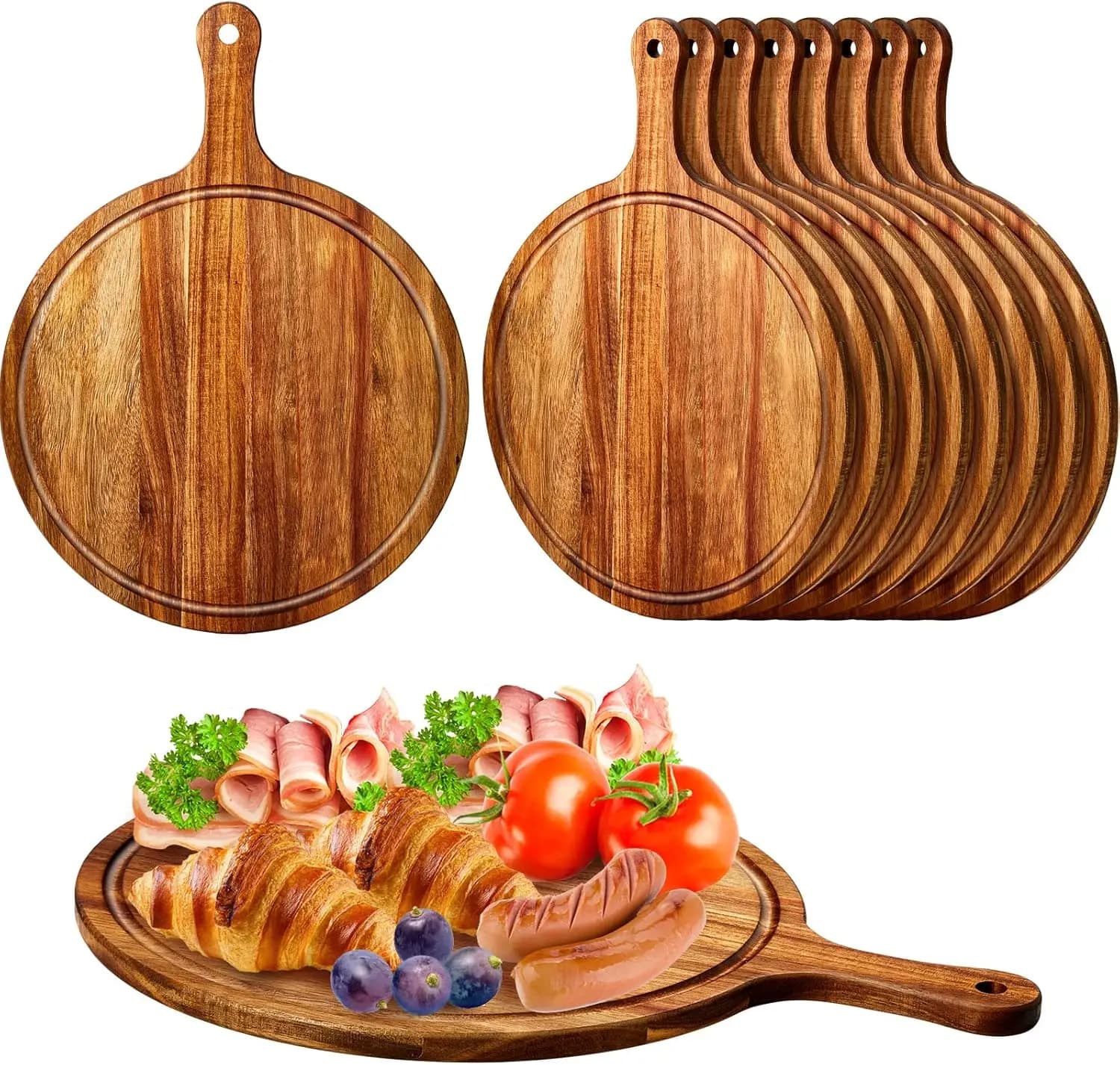 Set di 10 Taglieri Rotondi in Legno con Manico, Taglieri da Cucina in Legno di Acacia per Pizza, Pane, Formaggio, Salumi