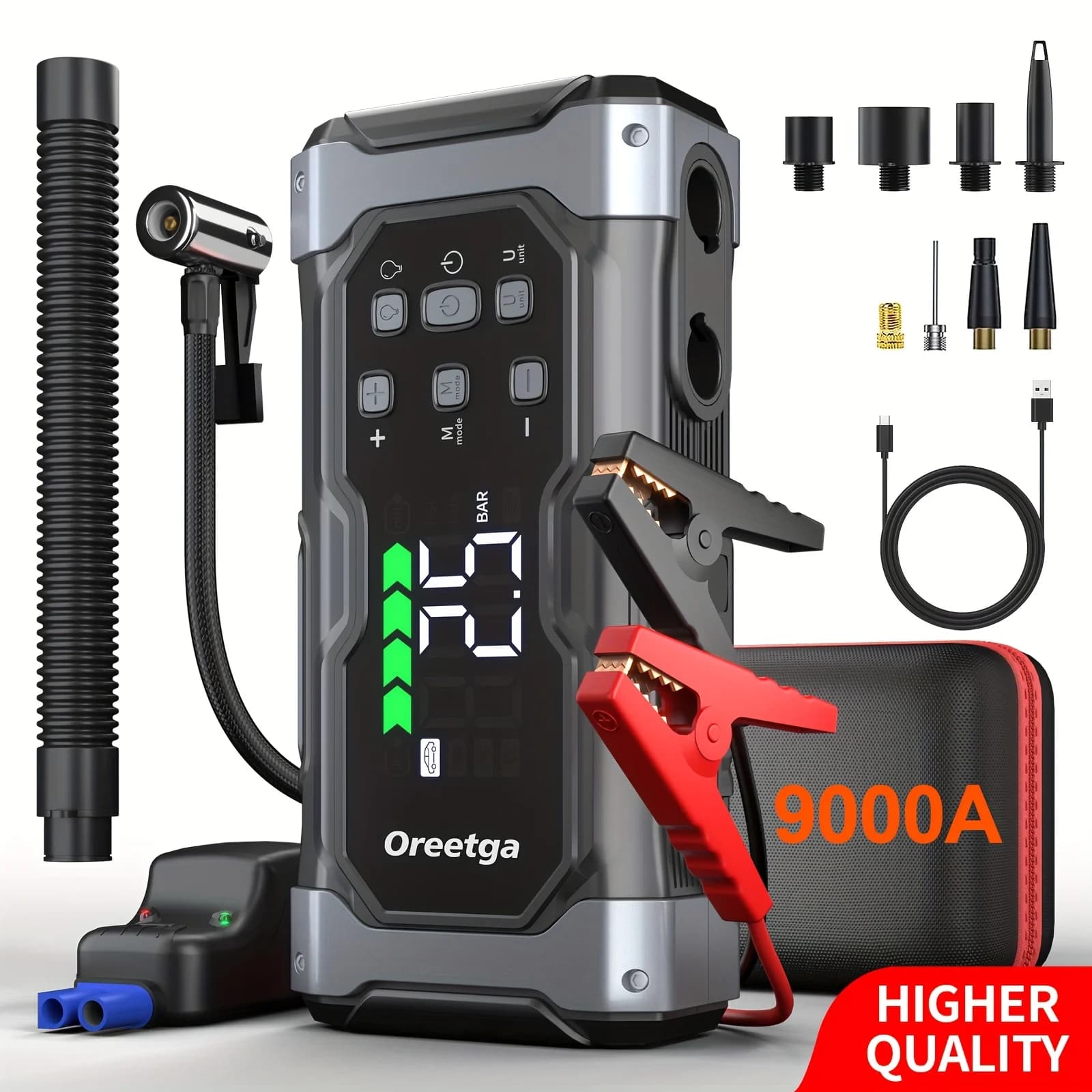 9000A Car Battery Jump Starter - Portable Power Pack with Extended Smart Jumper Cables, Quick Charge, Large Display, LED Lights, And Safety Protections for (All Gas/3.17gal Diesel) Engines, Start The Car Quickly, Jump Starter with Air Compressor
