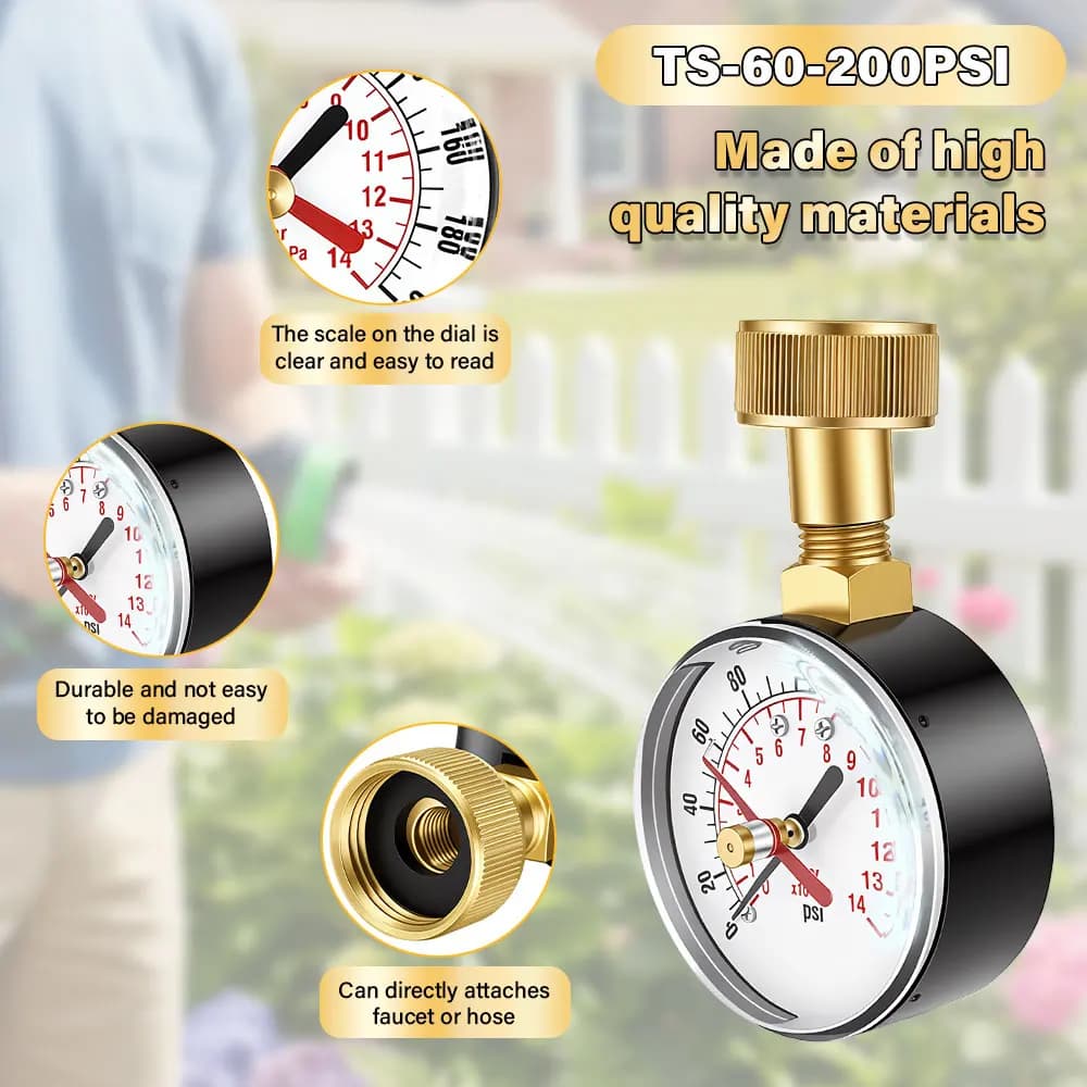 Universal Water Pressure Test Gauge TS-60 -200 PSI for Home Water Pump Hose Faucet Garden Hose - Precise PSI Gauge