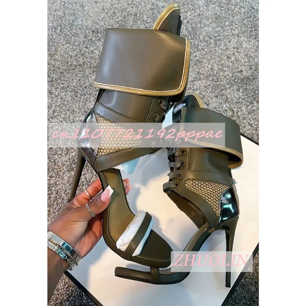 Women'S Army Green Folding Sandals Boots Summer Open Toe Mesh Lace-Up High Heels Sexy Luxury Party Western Sandals Gladiator 46