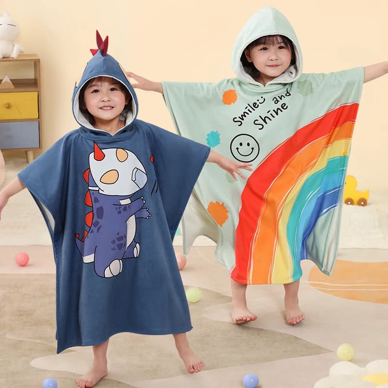 Poncho Beach Children with Hood - Towel Absorbent Drying Fast, Bathrobe 3-12 Years 90-150cm, Print Animals Swimming