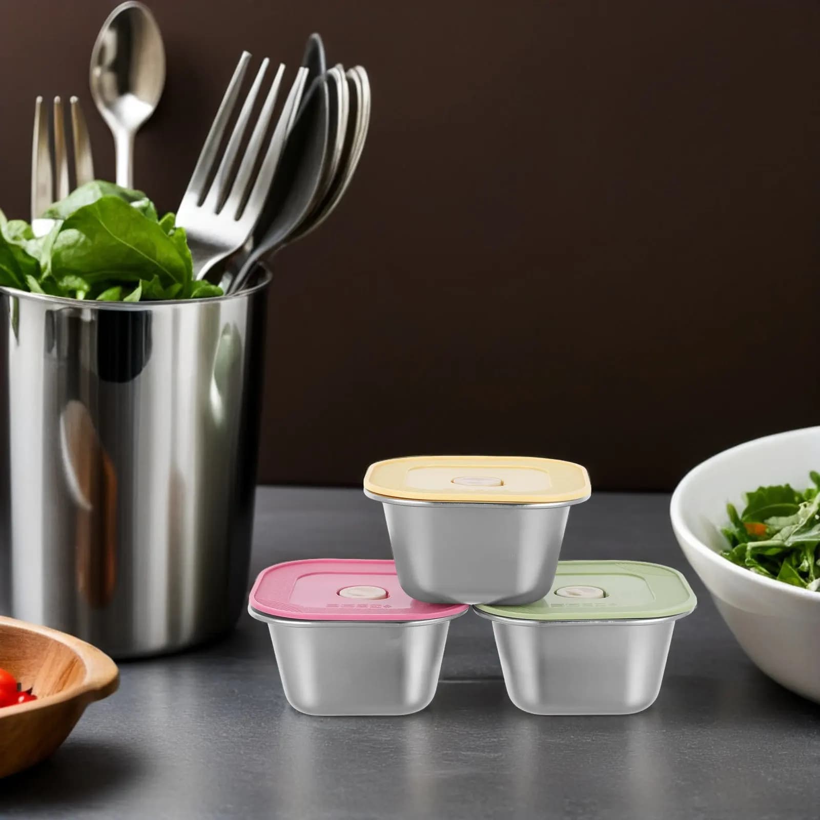 3Pcs Stainless Steel Snack Container Stackable Leakproof Food Storage Box Silicone Lid Reusable Meal Prep Sauce Salad Dressing