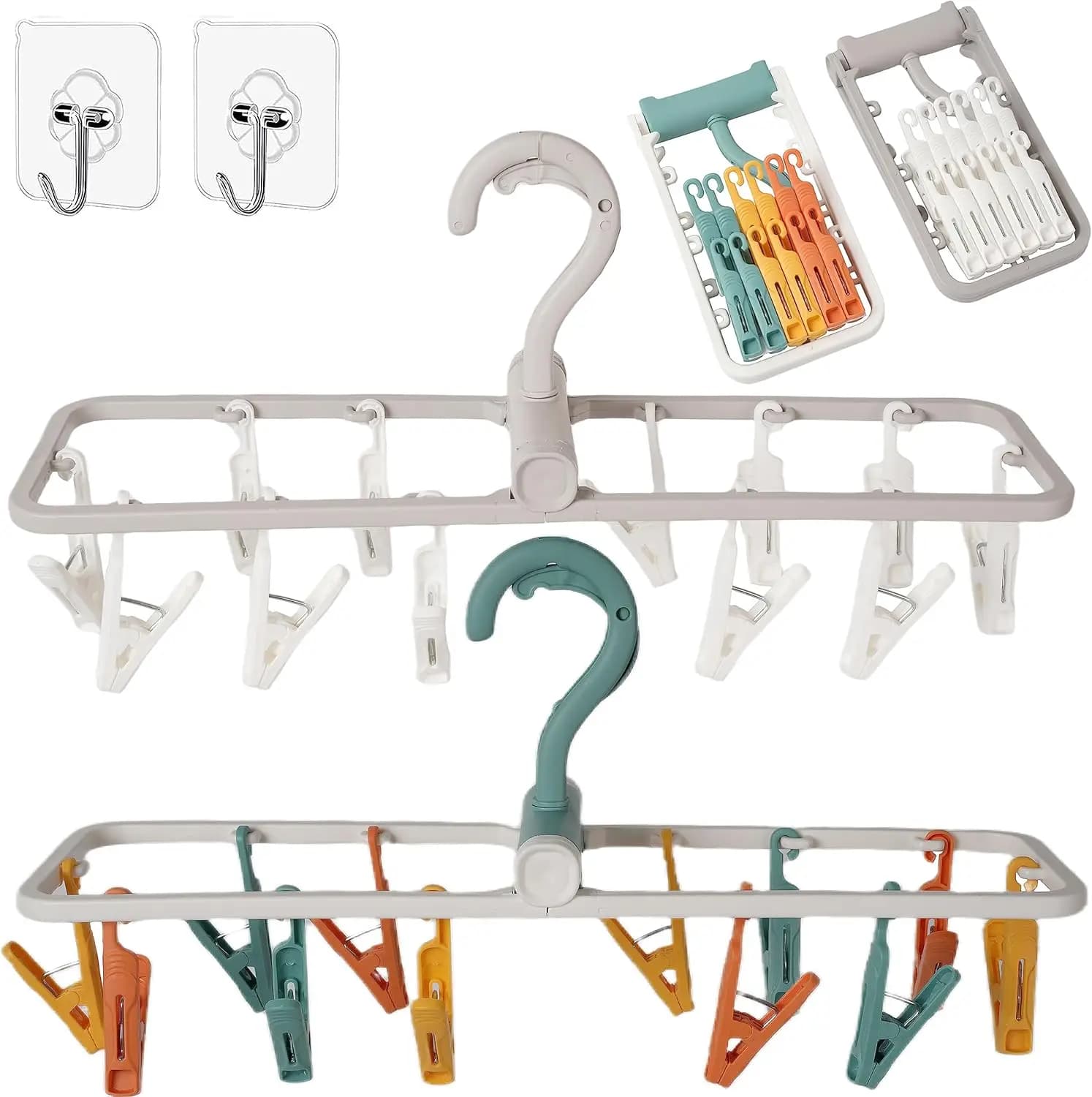 Stendibiancheria Pieghevole 2 Pezzi con 12 Clip 360° ° Gancio Girevole per Calzini, Asciugamani, Reggiseni, Vestiti per Bambini