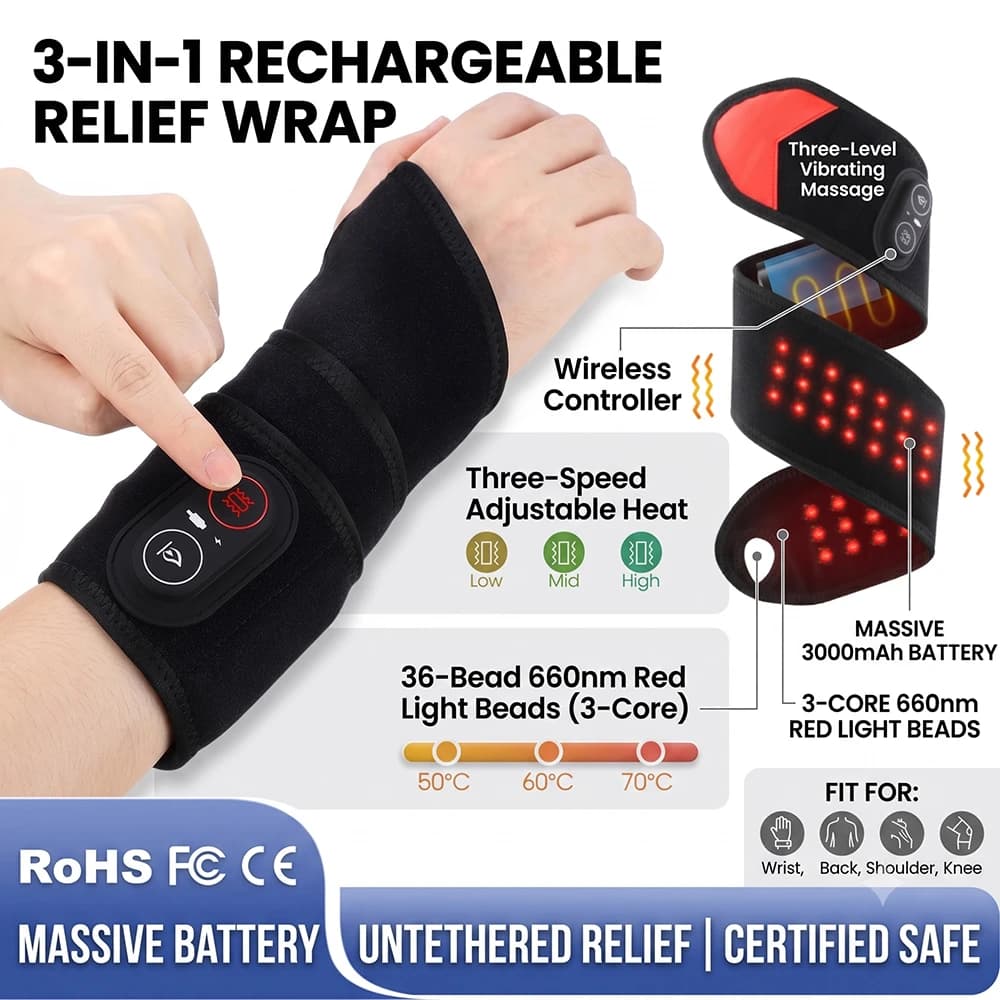 Fascia per Terapia a Luce Rossa con Vibrazione e Riscaldamento, Massaggiatore da Polso a Infrarossi 660nm, Ricaricabile USB, Cintura Antidolorifica